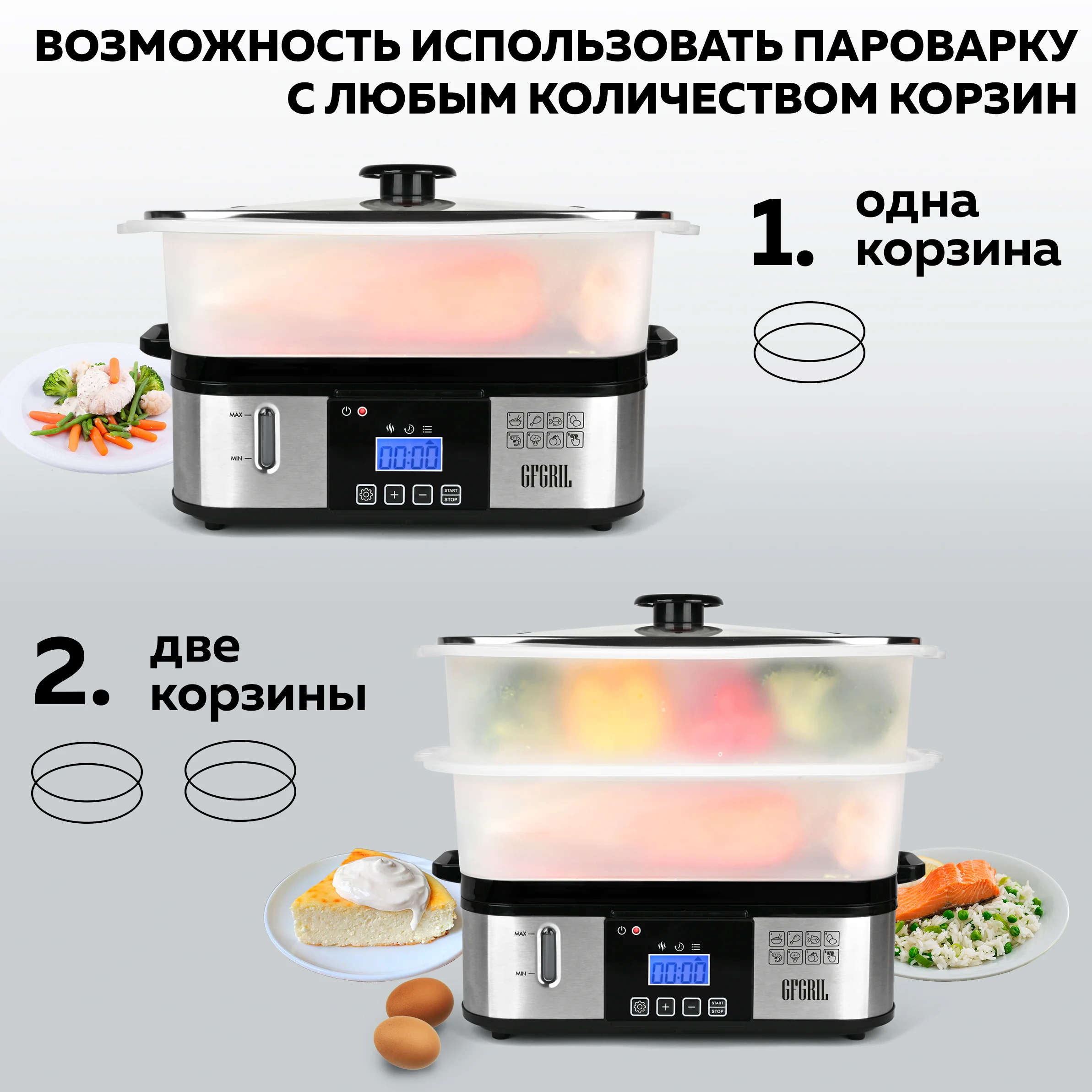 Пароварка GFGRIL GFS-9D, 12л, 8 программ, цифровое управление