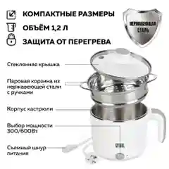 Электрическая кастрюля 5 в 1 GFGRIL GFP-20: миниварка/пароварка/суповарка/стерилизатор