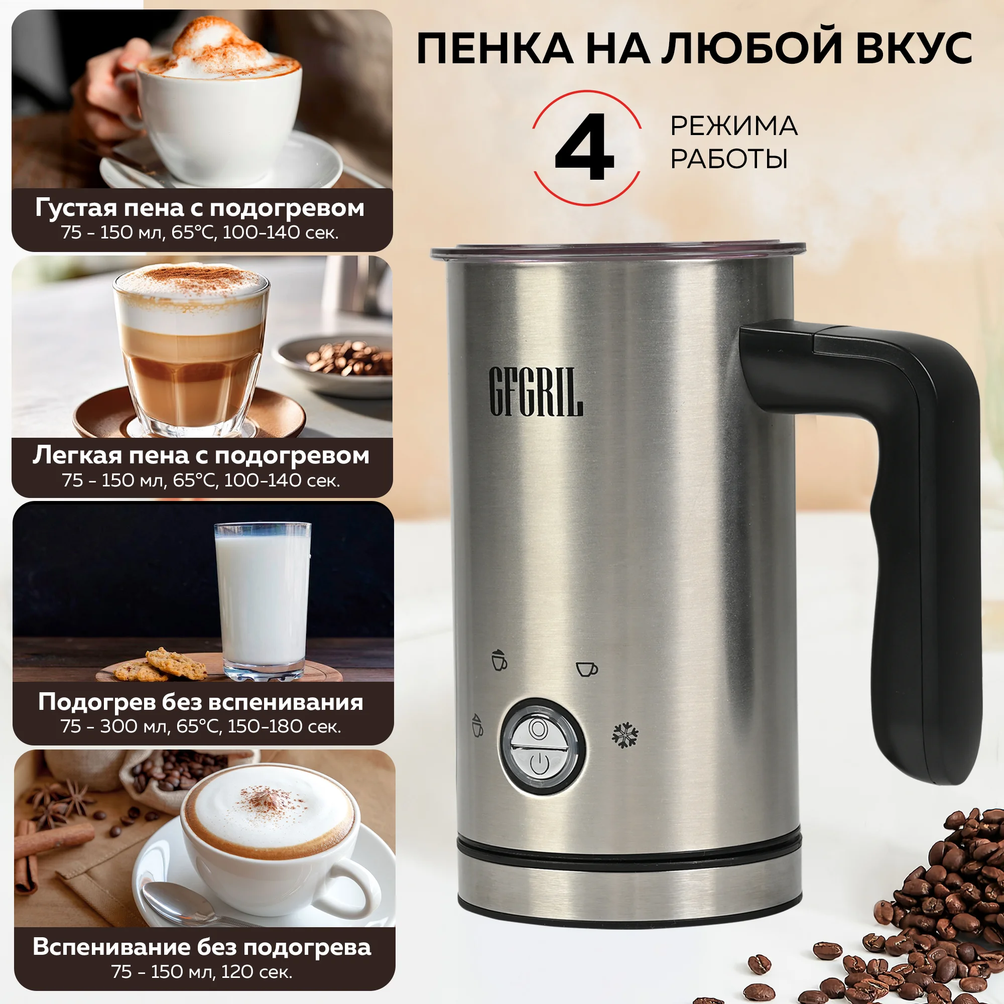 Капучинатор для молока GFGRIL GF-CAP15, вспениватель молока электрический, нержавейка