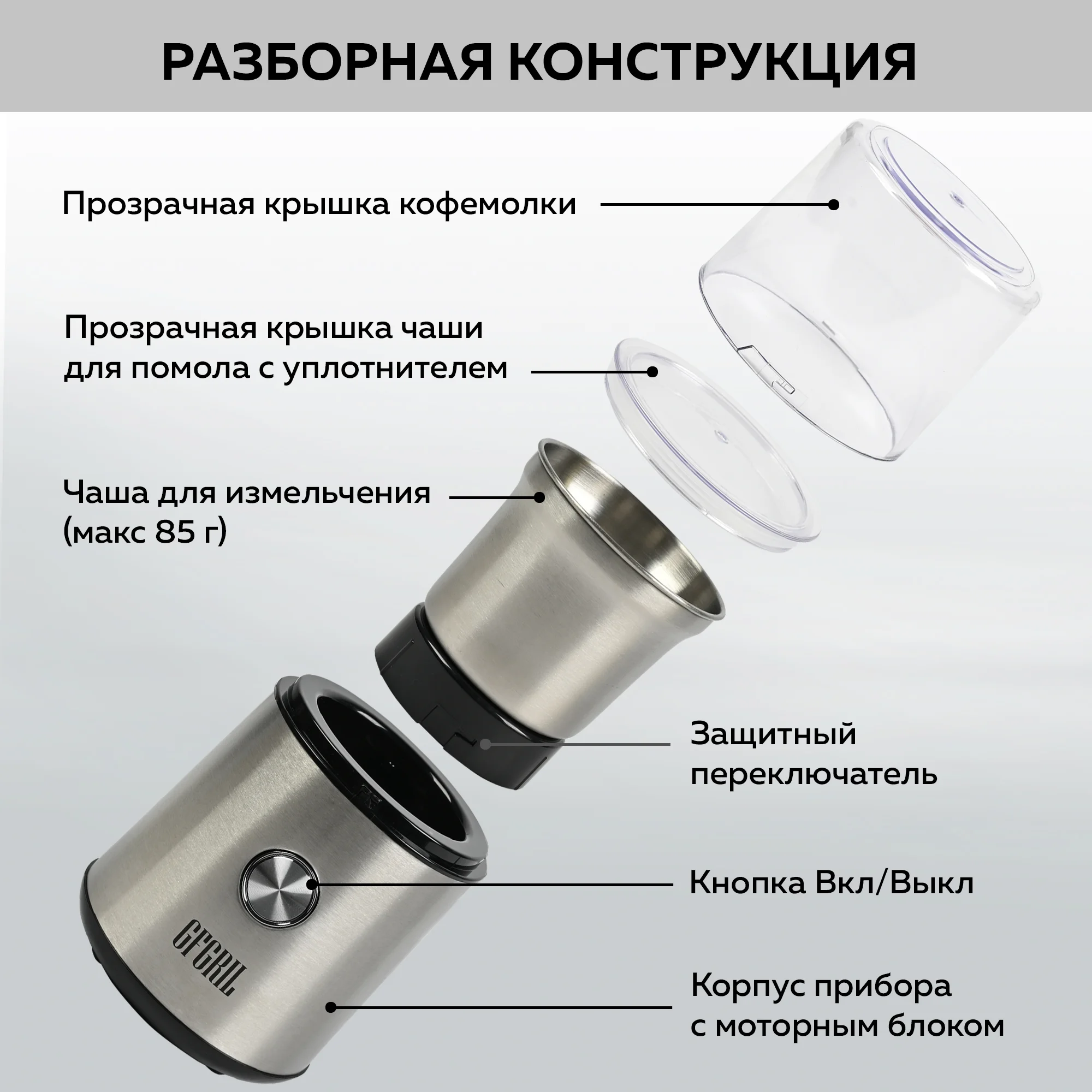 Кофемолка электрическая GFGRIL GF-CG10, измельчитель для кофейных зерен, нержавейка