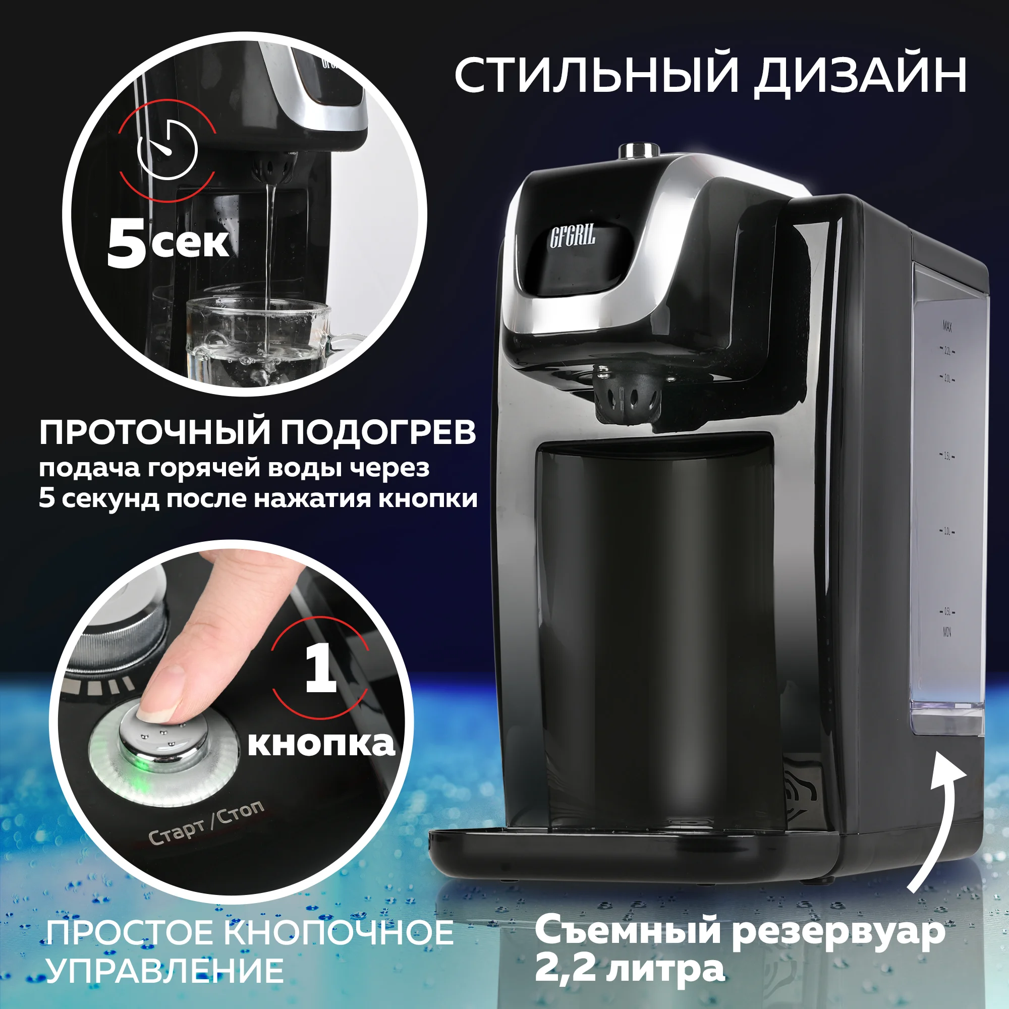 Термопот Gfgril GF-TP015, с моментальной подачей воды и выбором температуры