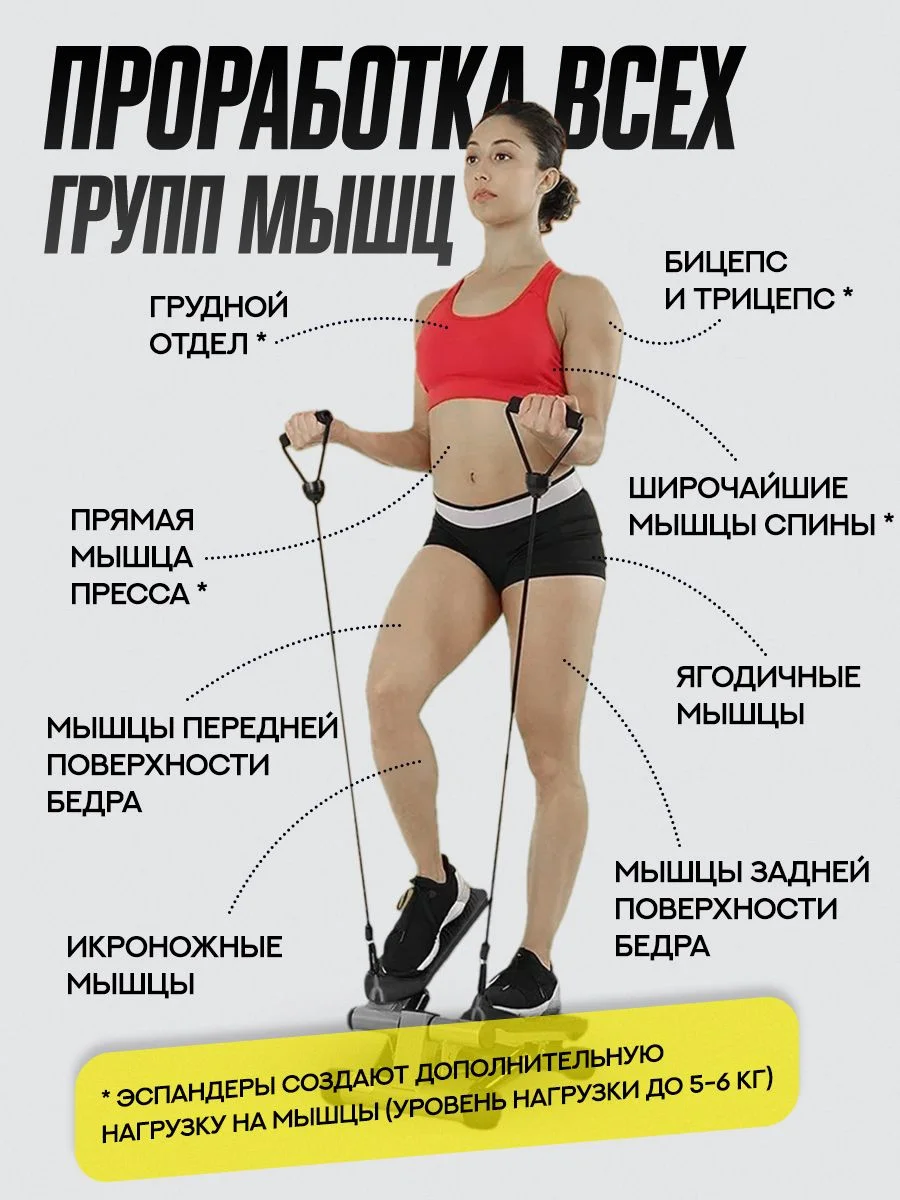 Оранжевый степпер тренажер для ног и ягодиц с эспандерами