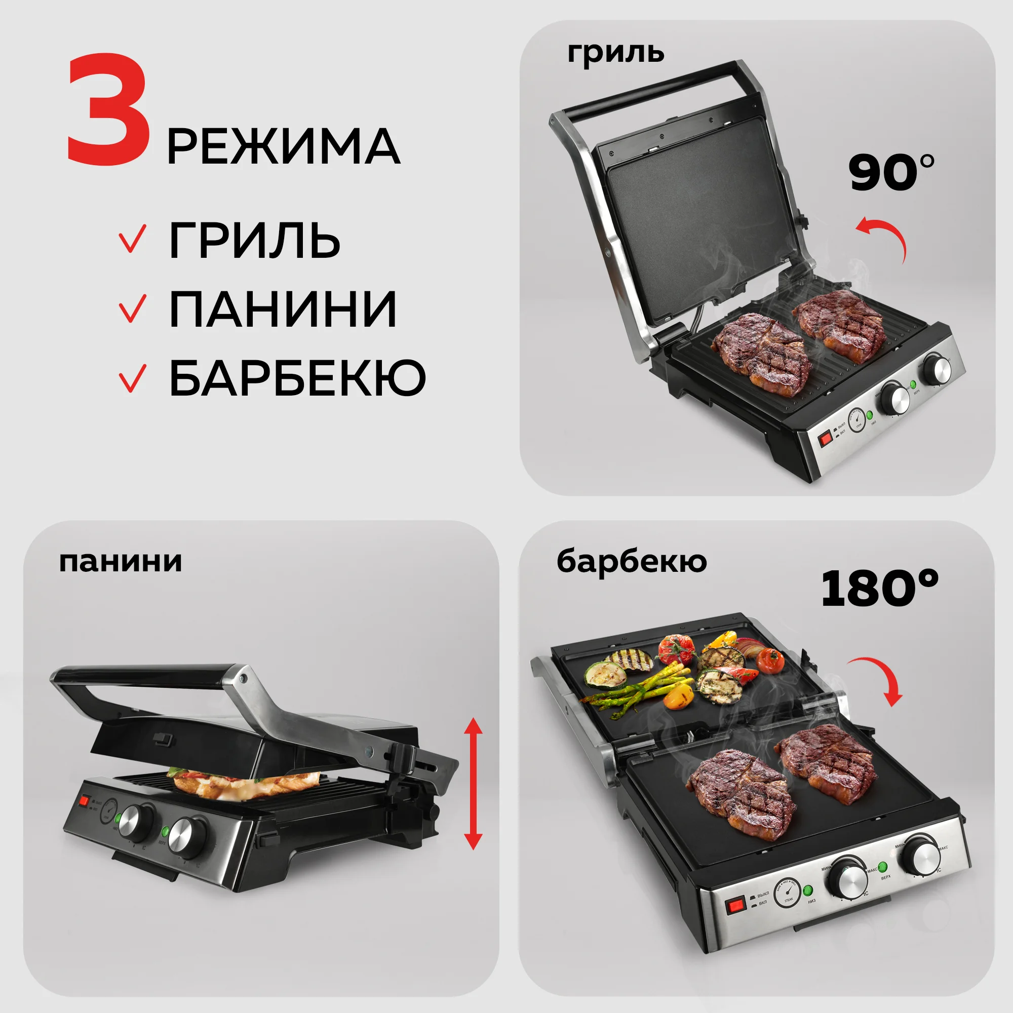 Многофункциональный электрический гриль GF-165, термощуп, 2.000 Вт, функция панини