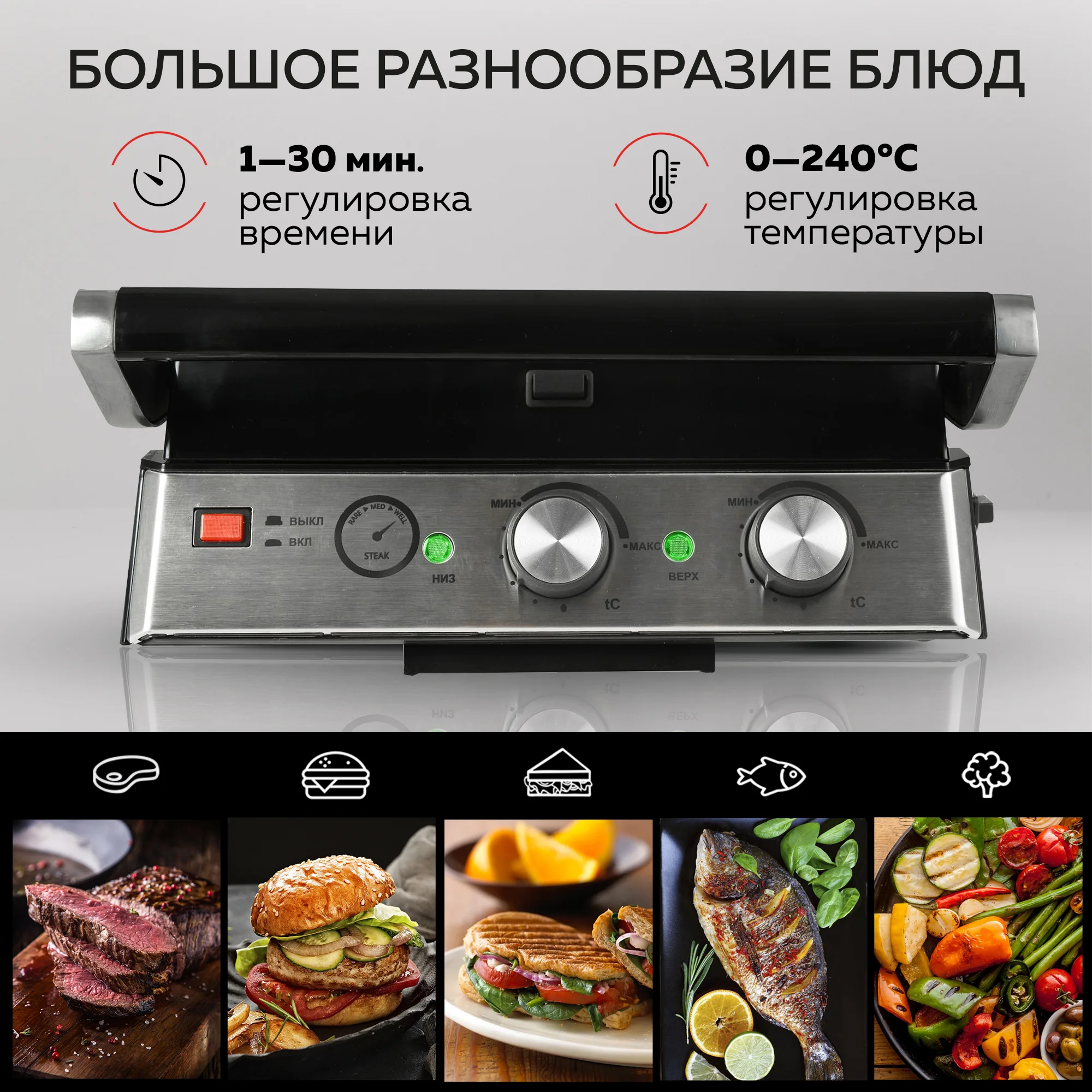 Многофункциональный электрический гриль GF-165, термощуп, 2.000 Вт, функция панини