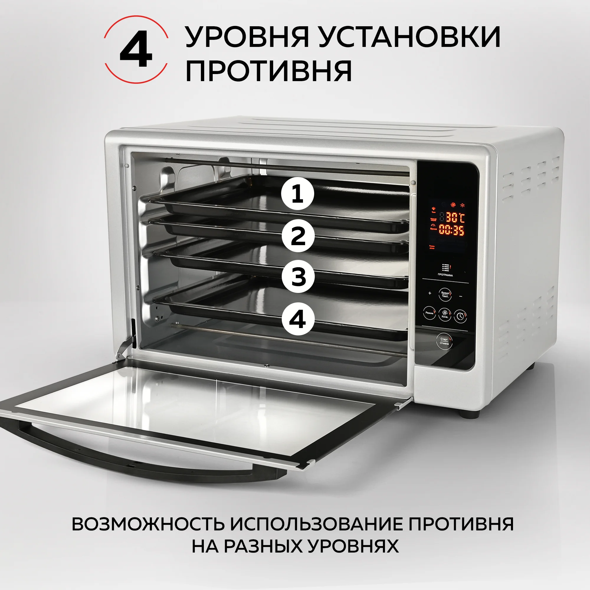 Многофункциональная мини-печь GFGRIL GFOO-6 с эл управлением, 48 л, 2000 Вт, конвекция