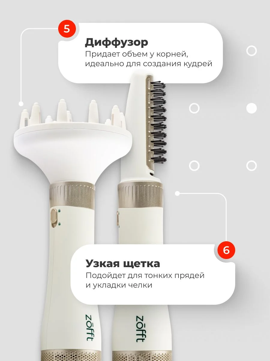 Фен-щетка для сушки и укладки волос Zofft But 6 в 1, 6 насадок, керамическое покрытие