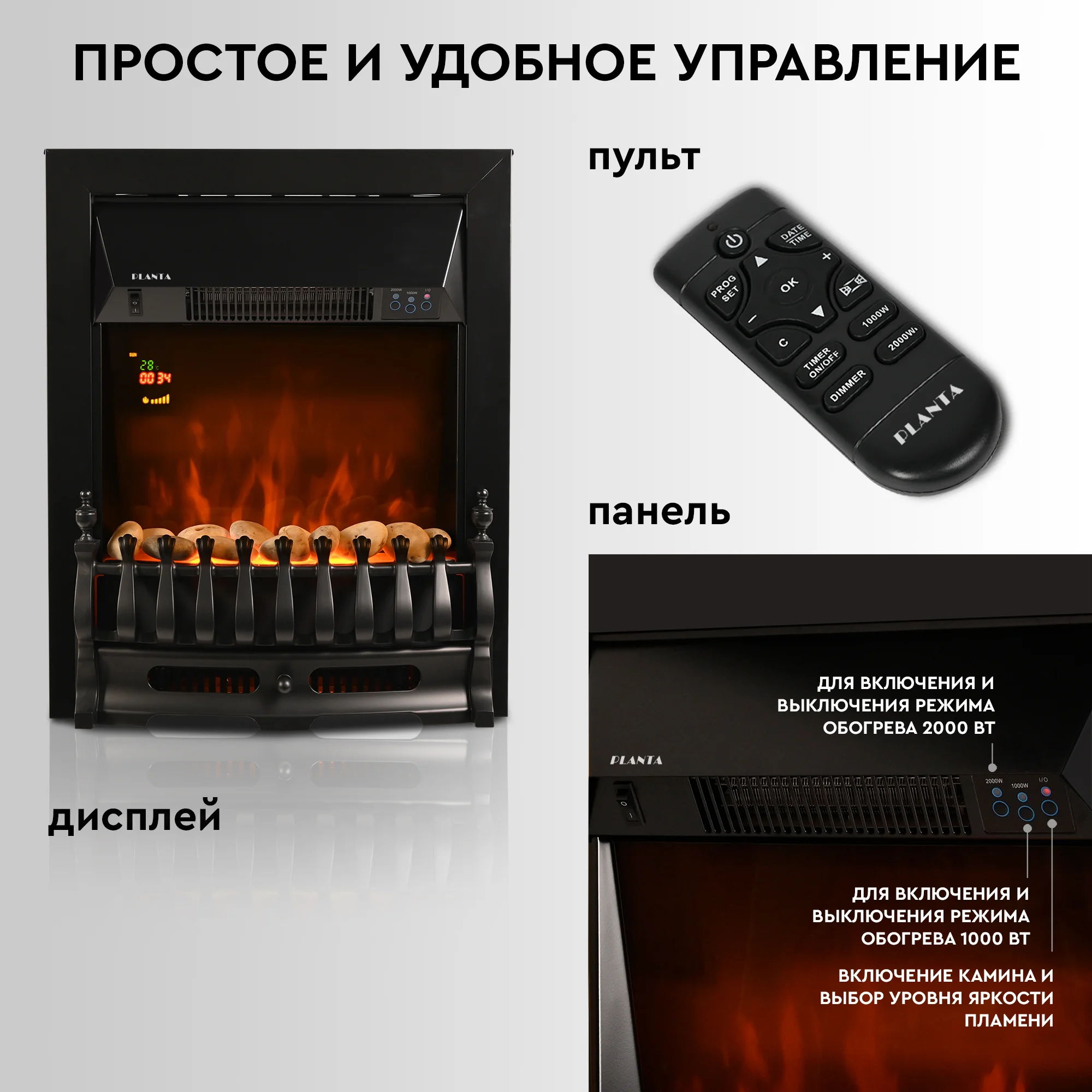 Электрокамин Planta PFP-FS400, отдельностоящий / встраиваемы, цвет-черный
