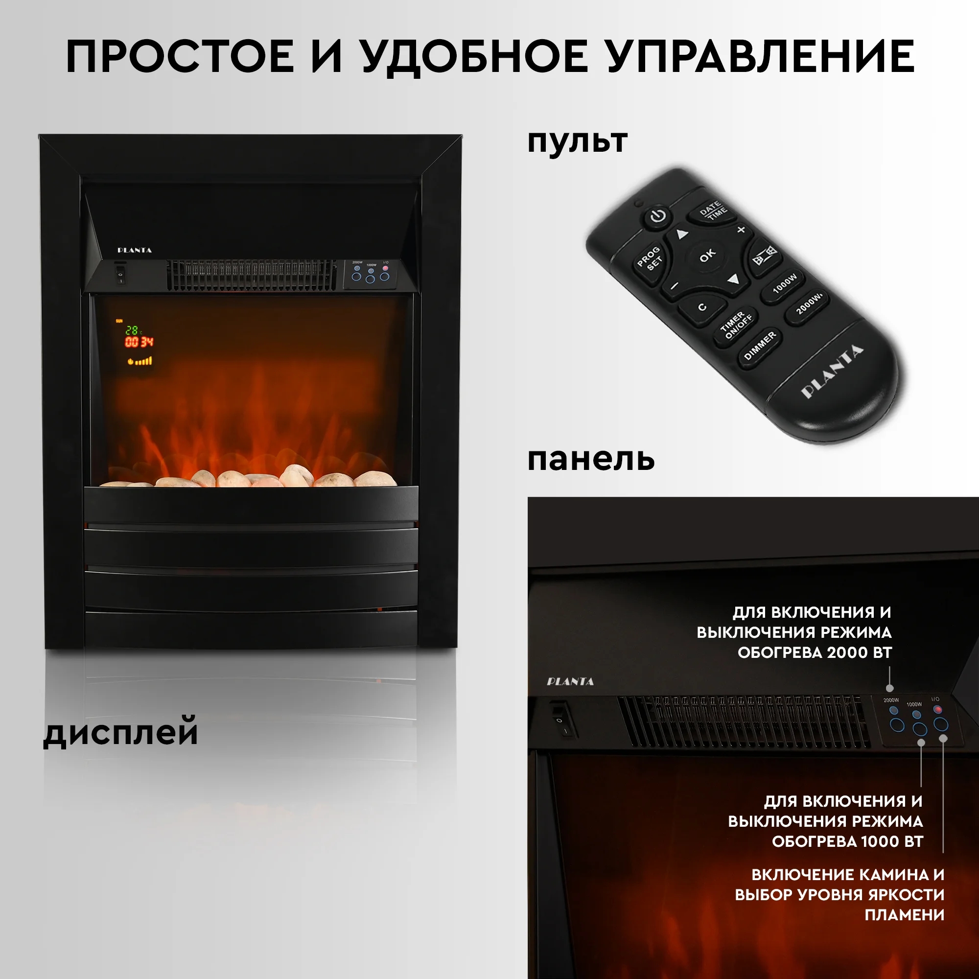 Электрокамин Planta PFP-FS600, отдельностоящий / встраиваемый, цвет-черный
