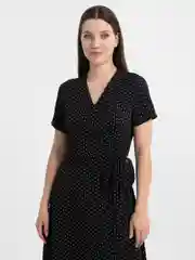 Черный платье женское длинное на запах, в горошек