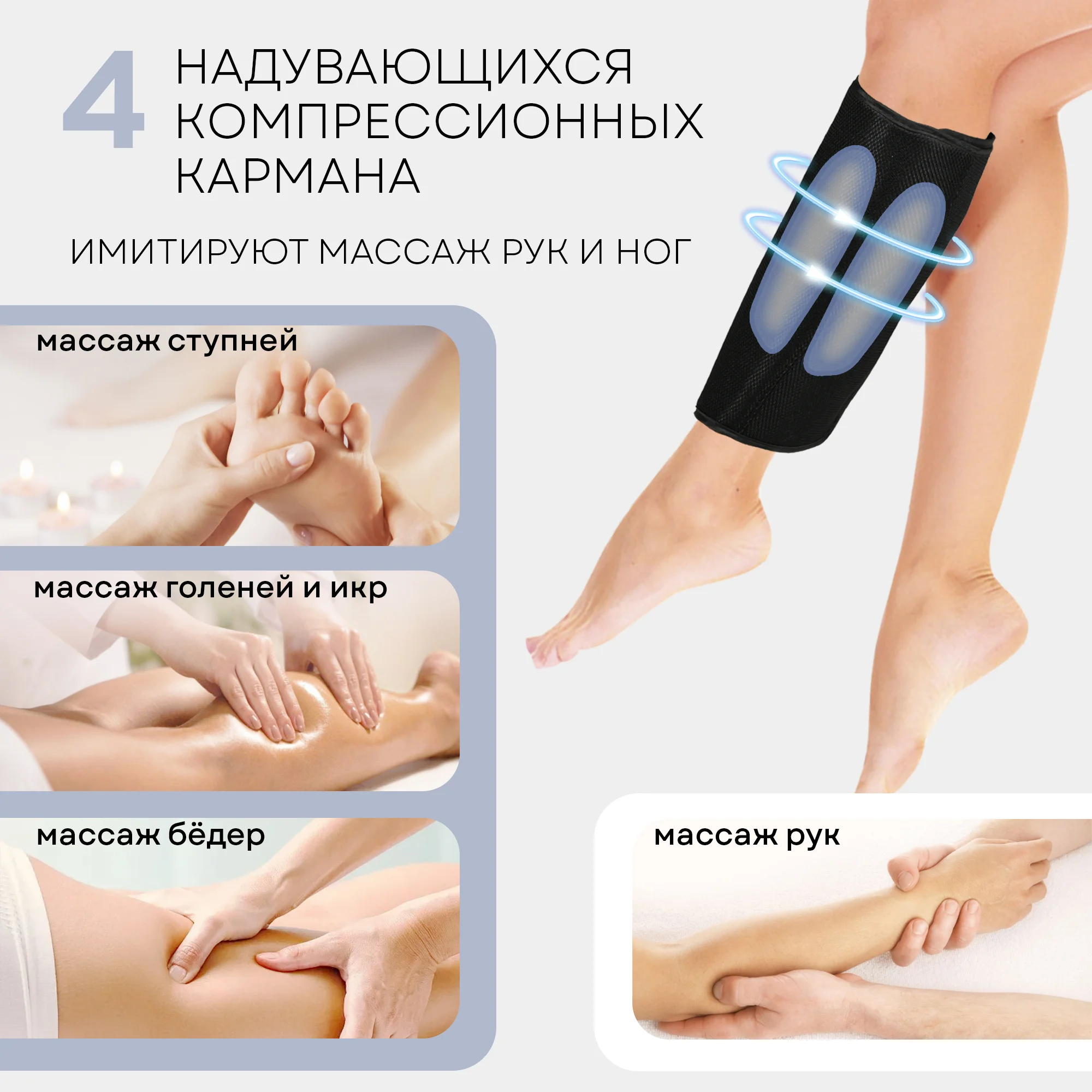 Компрессионный массажер для ног, стоп, икр и рук MFC-50, 3 режима, подогрев