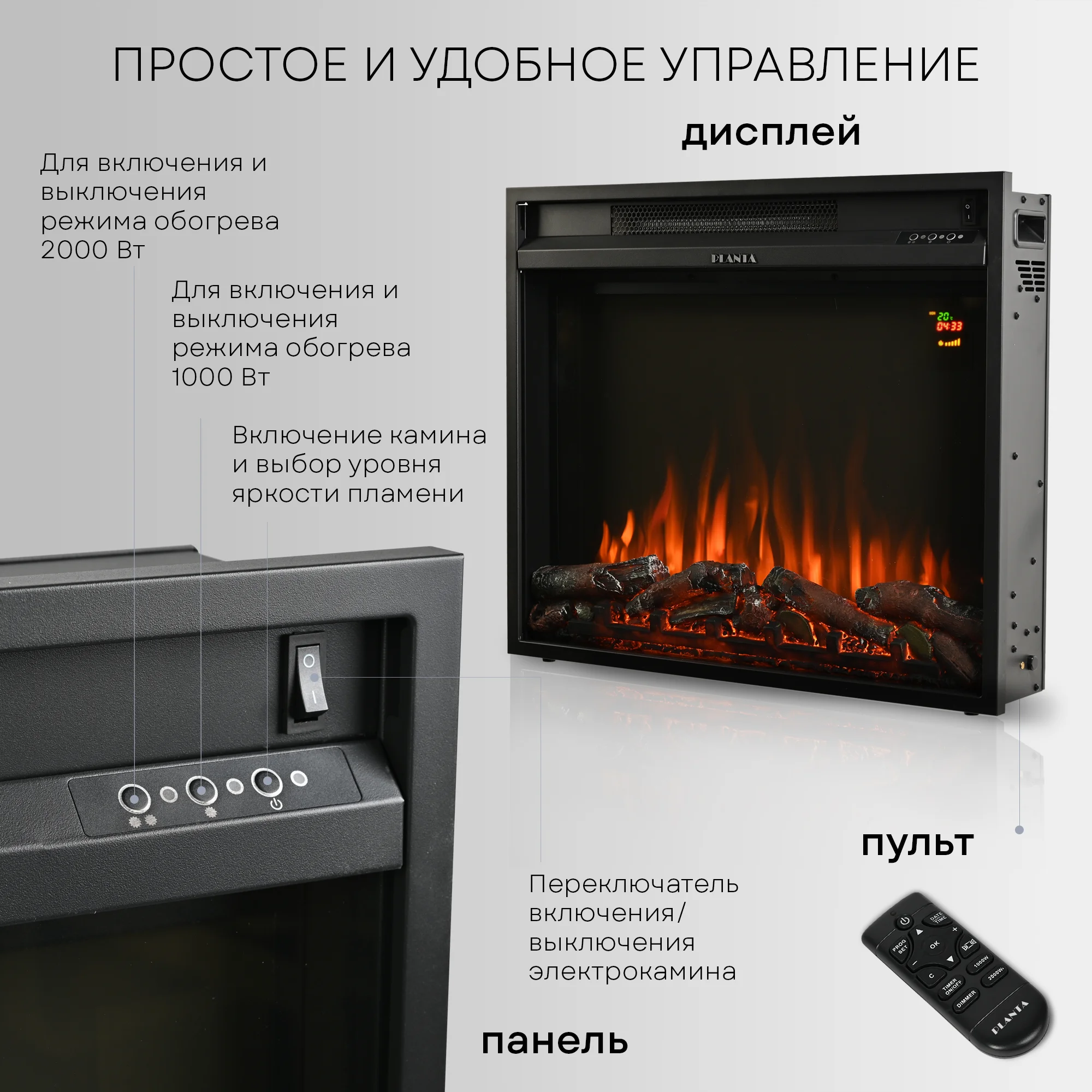 Электрокамин Planta PFP-INS030, электроочаг встраиваемый, 26 дюймов