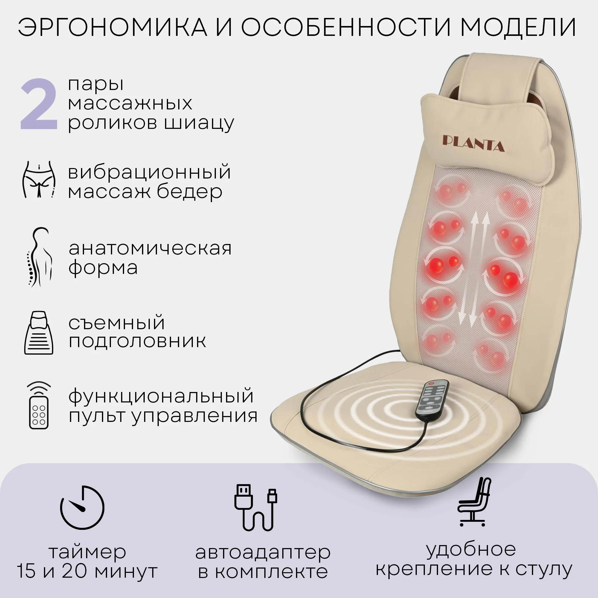 Массажная накидка шиацу MN-600, 3 уровня интенсивности, подогрев, вибромассаж, автоадаптер