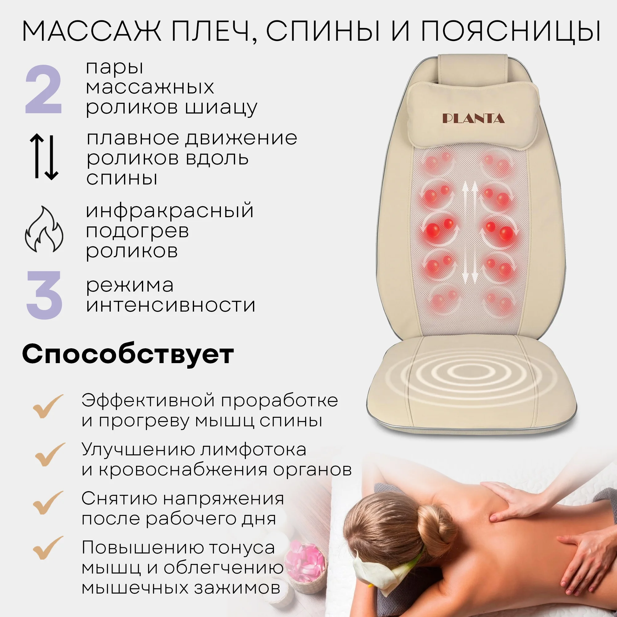 Массажная накидка шиацу MN-600, 3 уровня интенсивности, подогрев, вибромассаж, автоадаптер