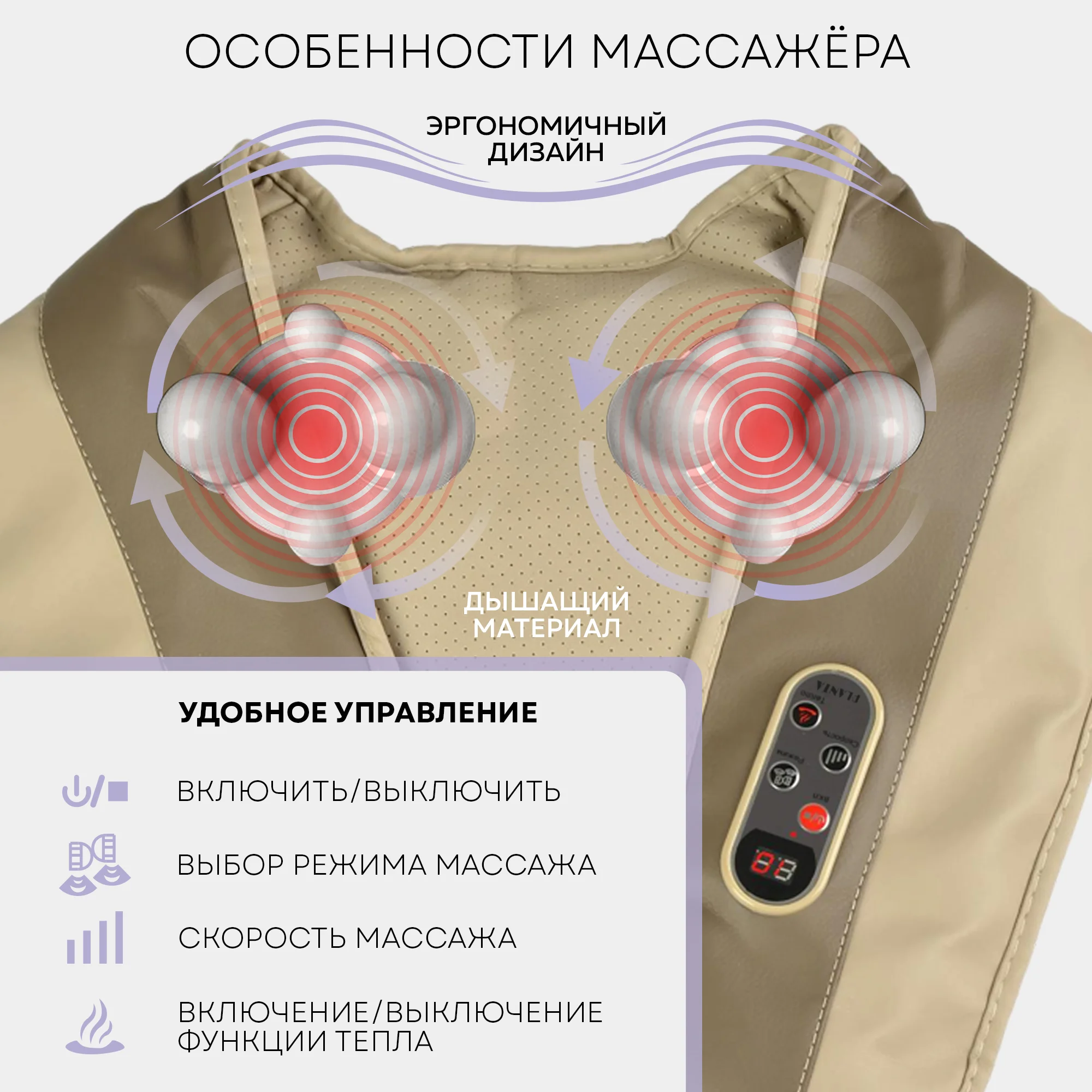 Ударный массажер для шеи и плеч MSH-250, 59 режимов, 19 скоростей, с подогревом