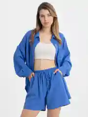 Синий костюм женский летний, ткань сингапур