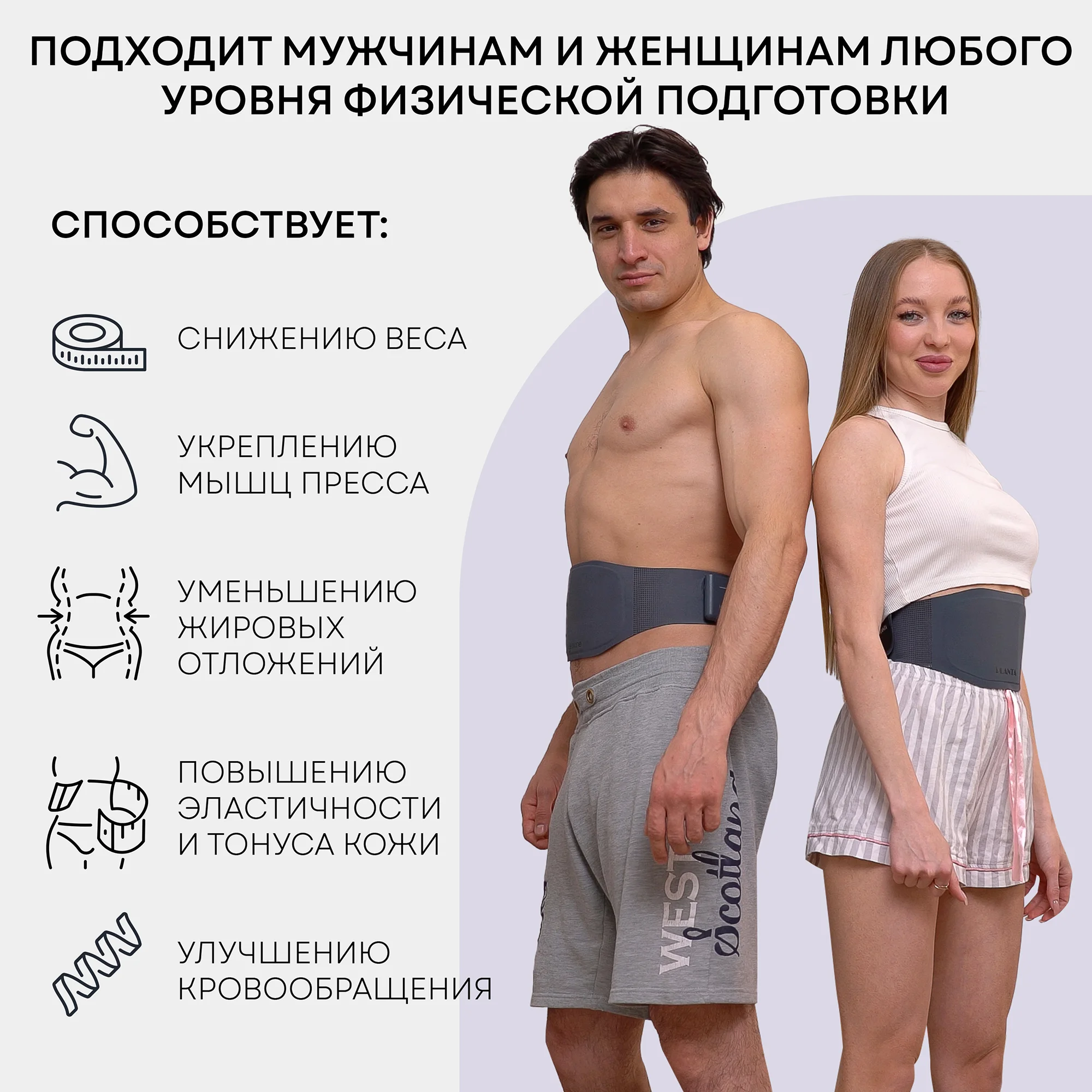 Пояс-миостимулятор для пресса, тренажер мышц PLANTA EMS-600 с подогревом ультратонкий