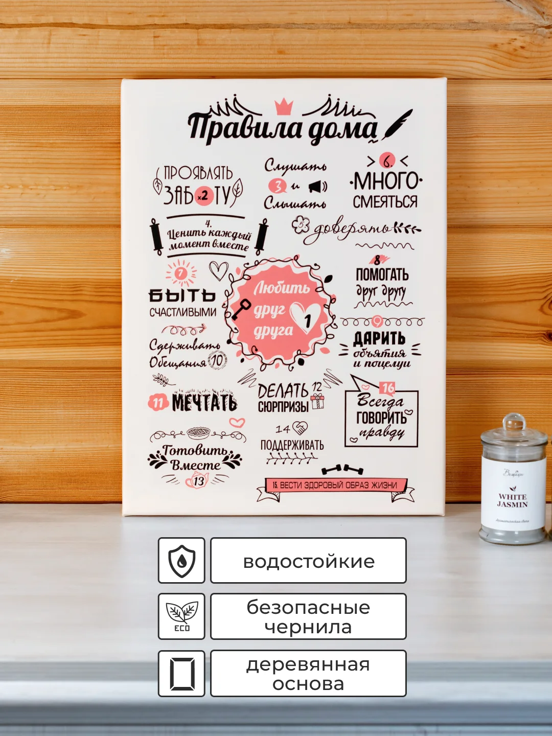 Черный картина-постер "Правила дома" для декора интерьера дома