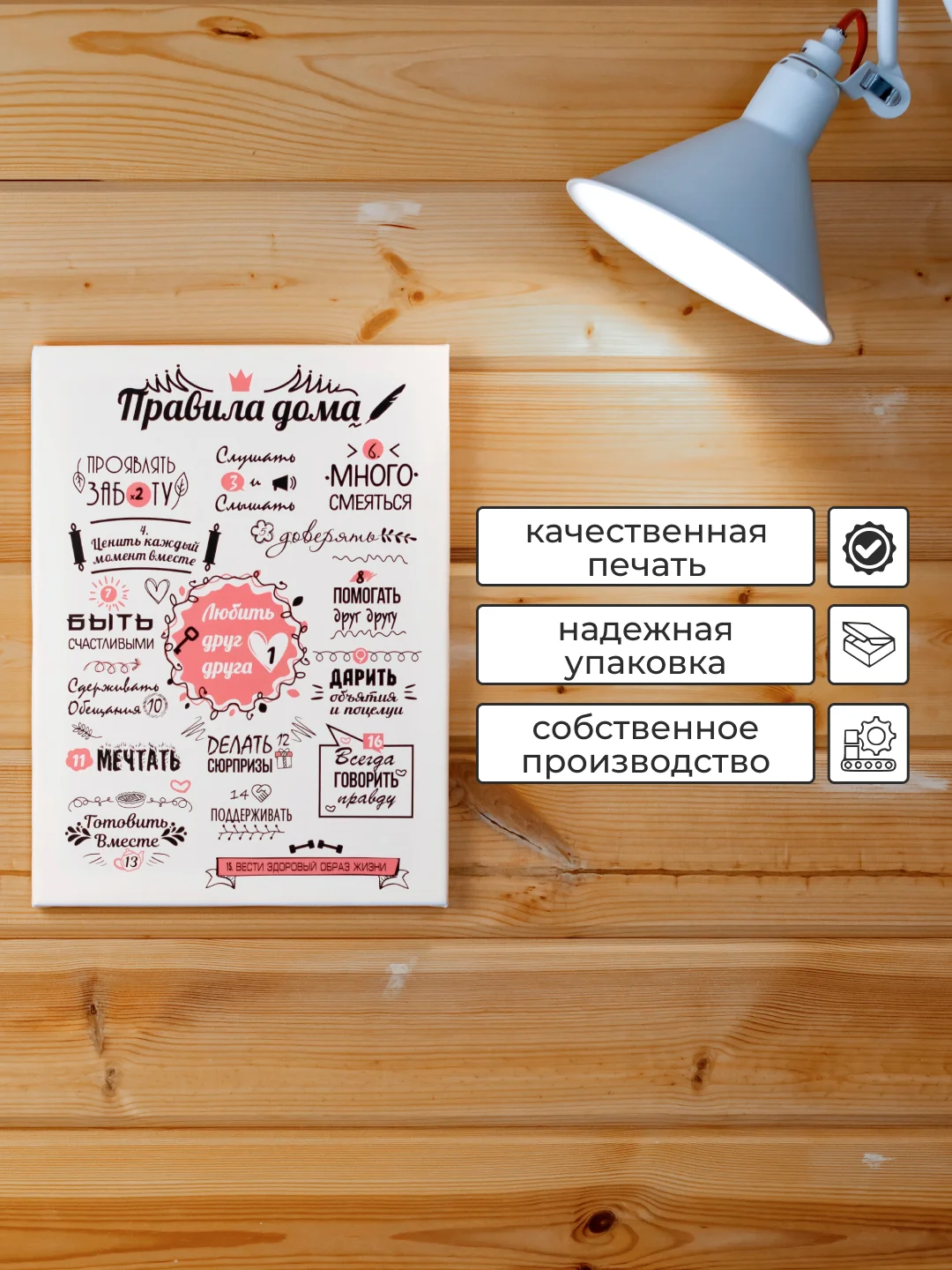 Черный картина-постер "Правила дома" для декора интерьера дома
