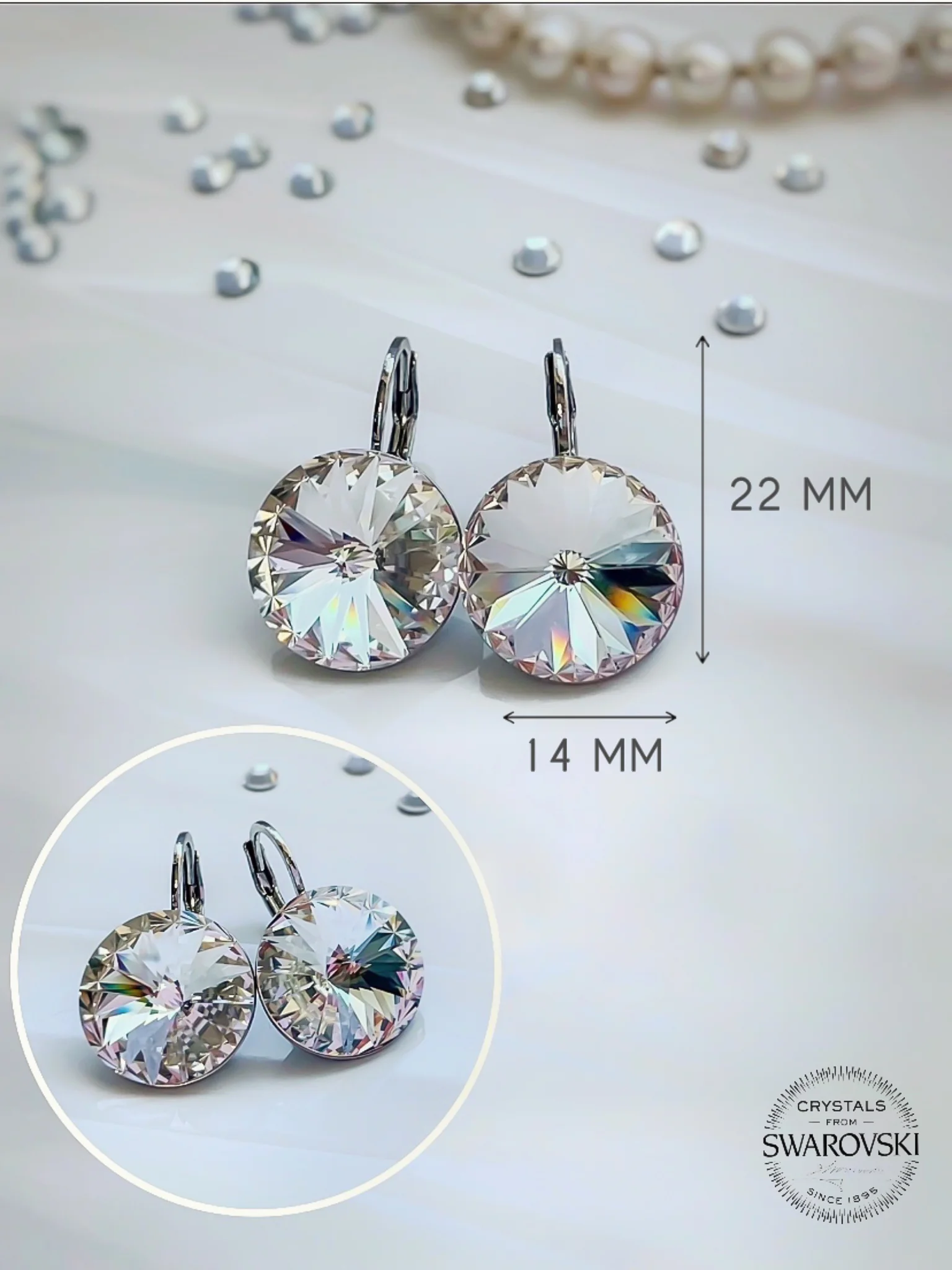 Серьги Swarovski с круглыми кристаллами Crystal 14 мм, гипоаллергенная ювелирная бижутерия