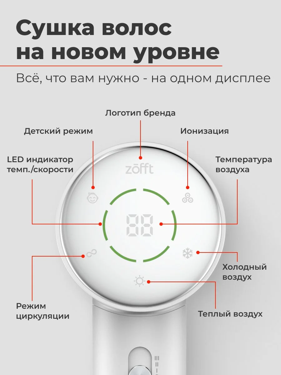 Фен для волос Zofft Air Gloss Pro (HD-102W), 1500 Вт, дисплей, 6 режимов работы