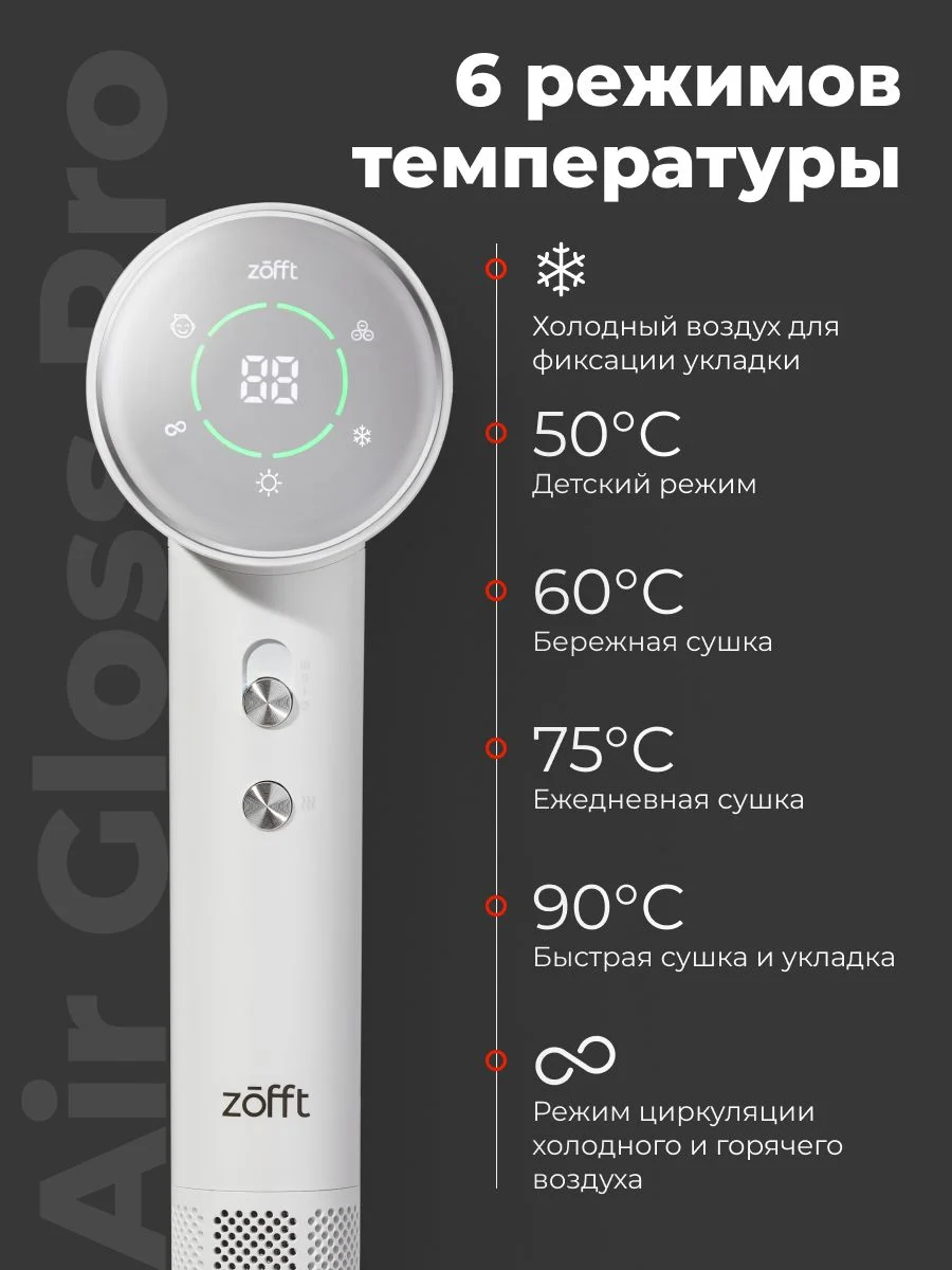 Фен для волос Zofft Air Gloss Pro (HD-102W), 1500 Вт, дисплей, 6 режимов работы