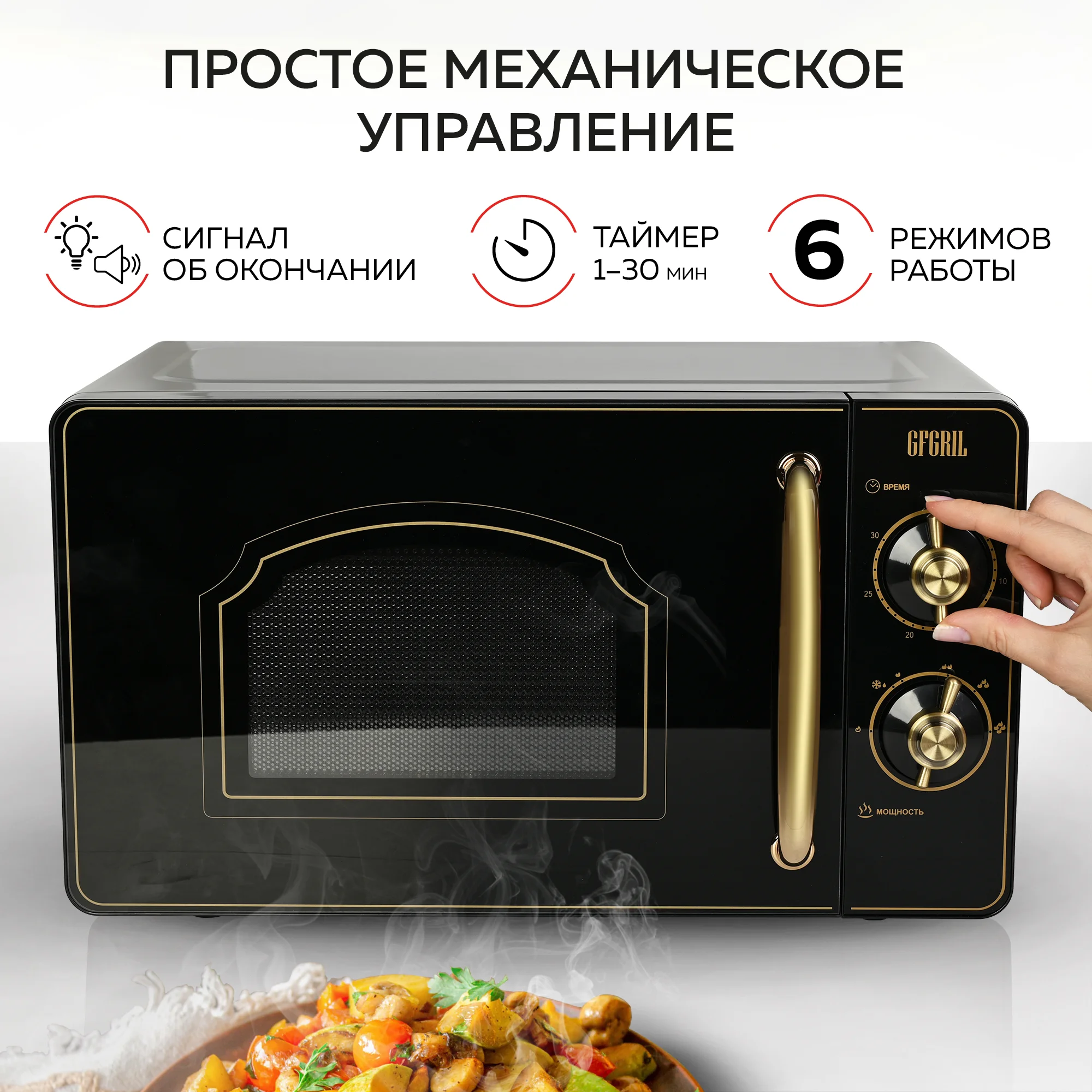 Микроволновая печь соло GFGRIL GF-MWO202-black, 20 л, 700 Вт, дизайн Rustic, цвет черный