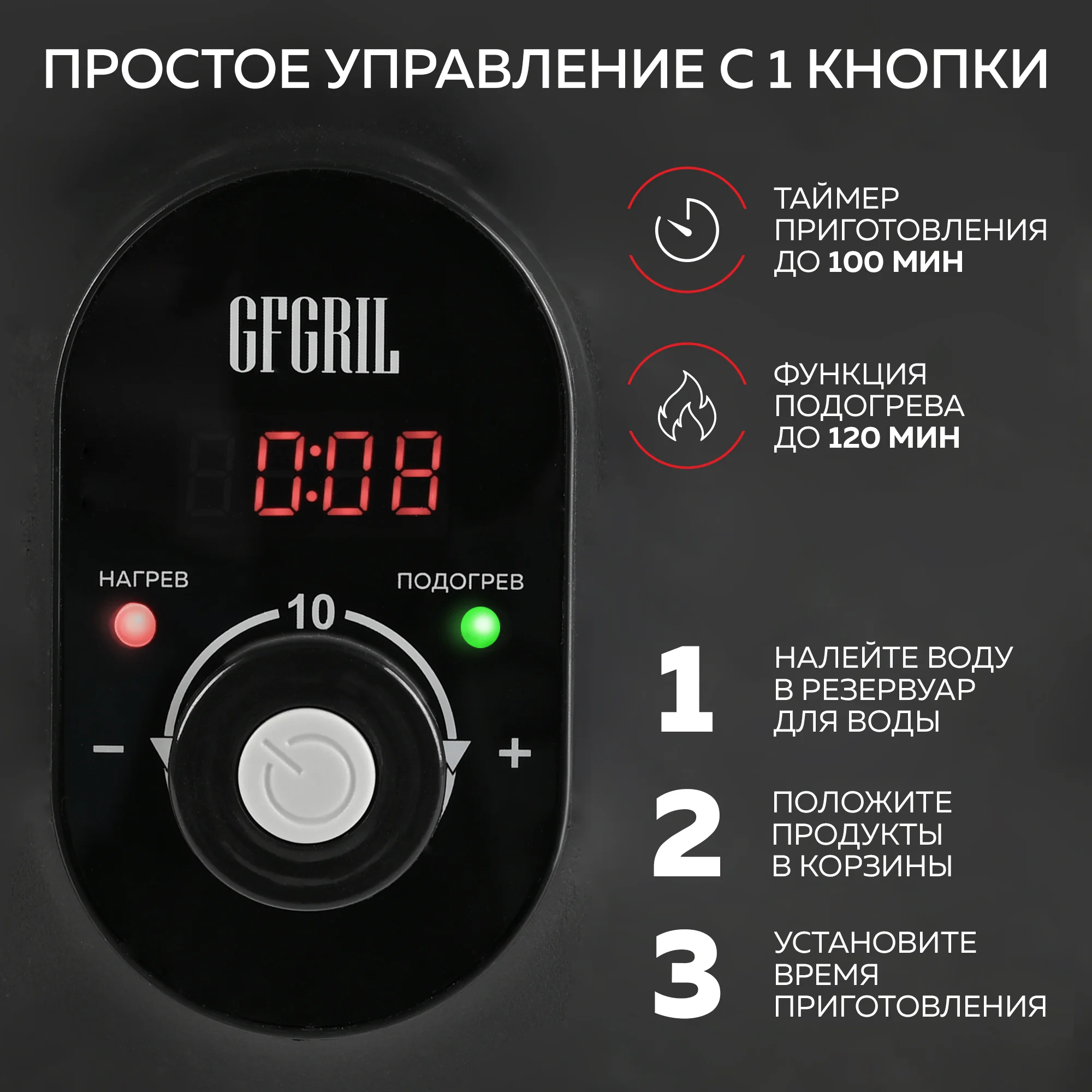 Электрическая пароварка GFGRIL GFS-11D, 3 паровые корзины из нержавеющей стали, 8,55 л