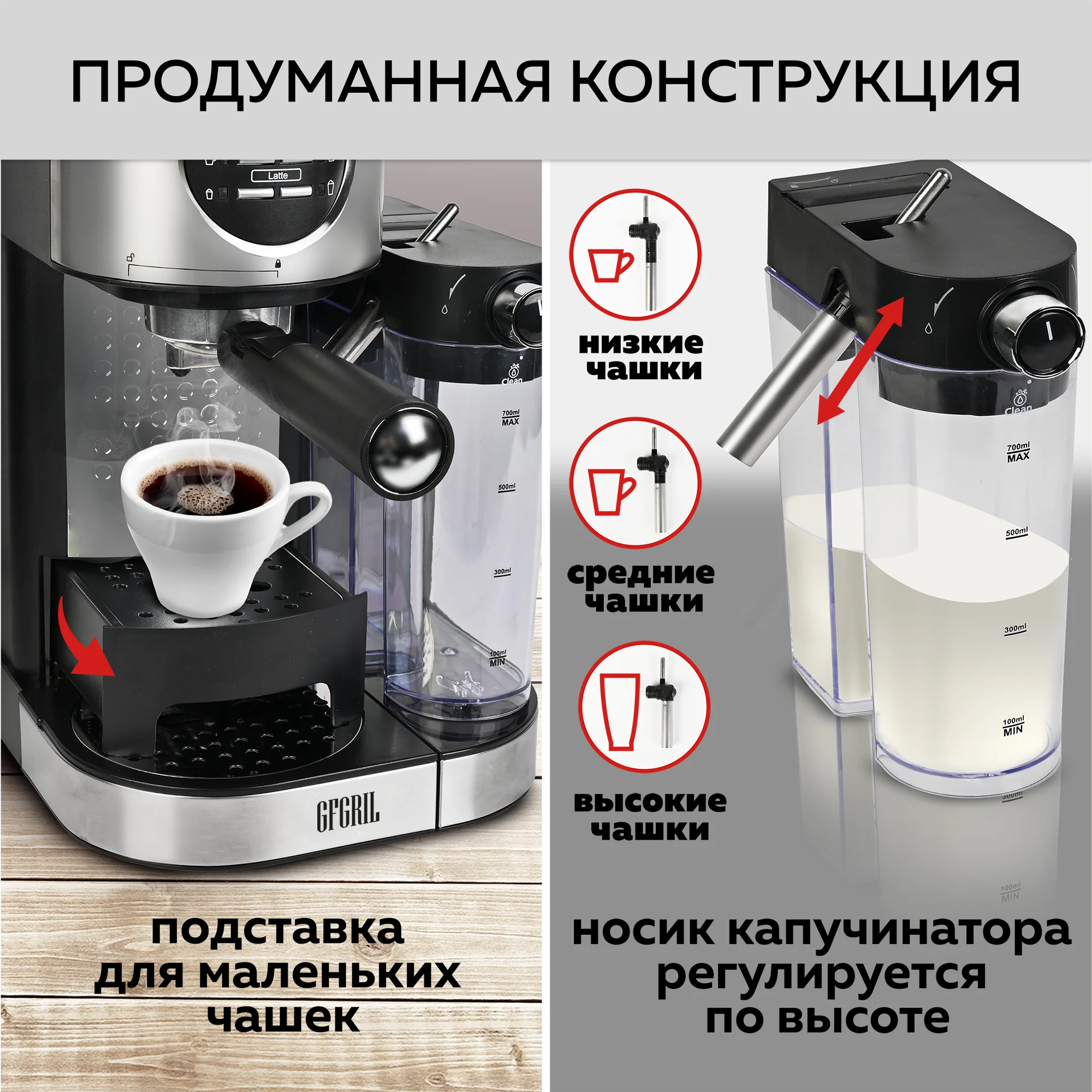 Кофеварка с автоматическим капучинатором 3 в 1 GFGRIL GFC-A300, Эспрессо-Капучино-Латте