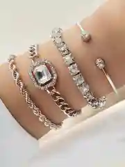 Серебряный комплект женских браслетов, набор из 4 штук, со стразами