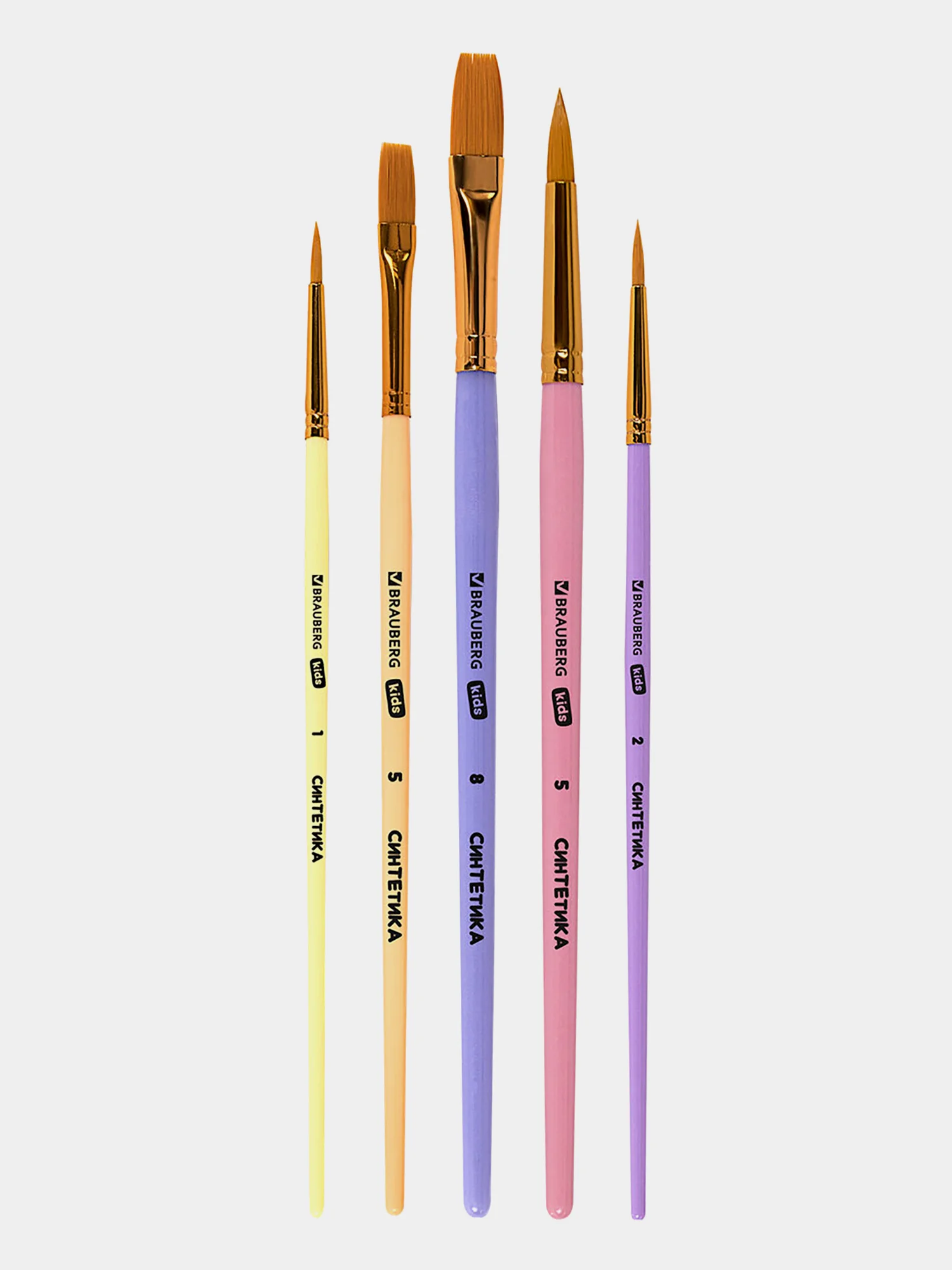 Кисти Brauberg Kids, 201075, для рисования в школу 5 шт, кисточки № 1 2 5 8, синтетика