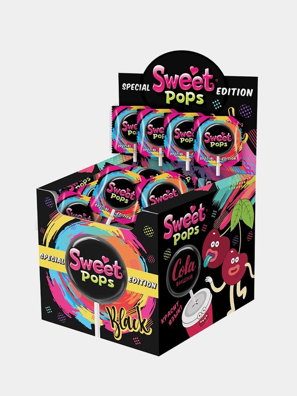 Карамель на палочке SWEET POPS Black, со вкусами кола-лимон-лайм, кола-вишня, шоу-бокс