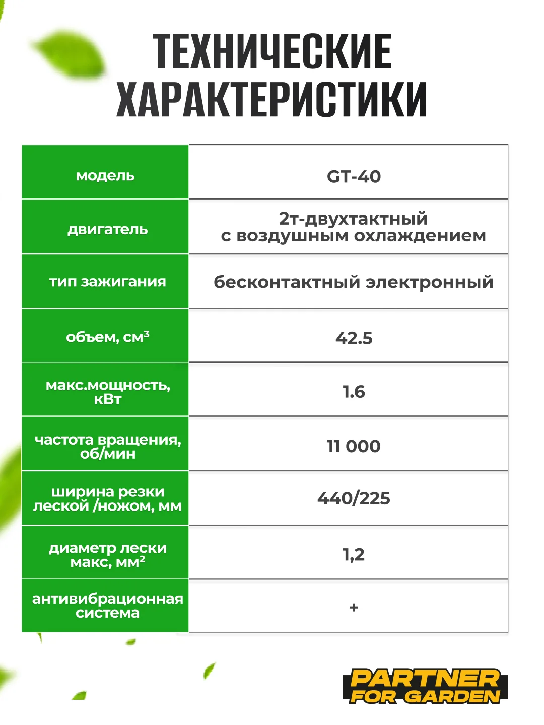 Триммер кусторез бензиновый для травы садовый Partner for Garden GT 40, ширина  44 см