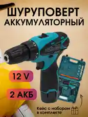 Шуруповерт, дрель аккумуляторная, 12 В, с набором инструментов в кейс, 2 АКБ