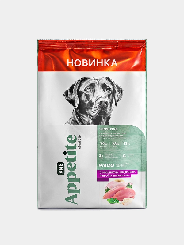 AmeAppetite Advanced сухой корм с кроликом, индейкой, рыбой, шпинатом для крупных собак