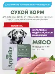 AmeAppetite Advanced сухой корм с кроликом, индейкой, рыбой, шпинатом для крупных собак