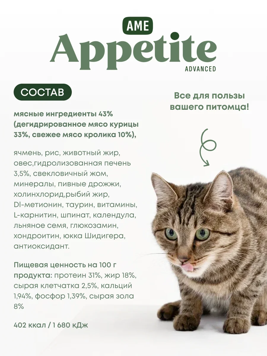 AmeAppetite Advanced сухой корм с кроликом, курицей и шпинатом для взрослых кошек