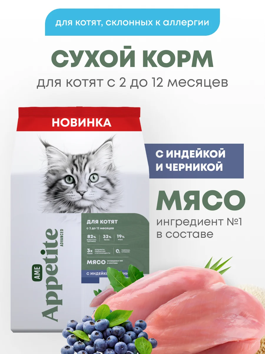 AmeAppetite Advanced сухой корм с индейкой и черникой для котят с 2 до 12 месяцев