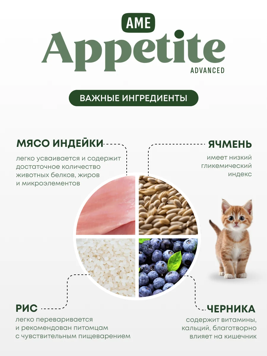 AmeAppetite Advanced сухой корм с индейкой и черникой для котят с 2 до 12 месяцев