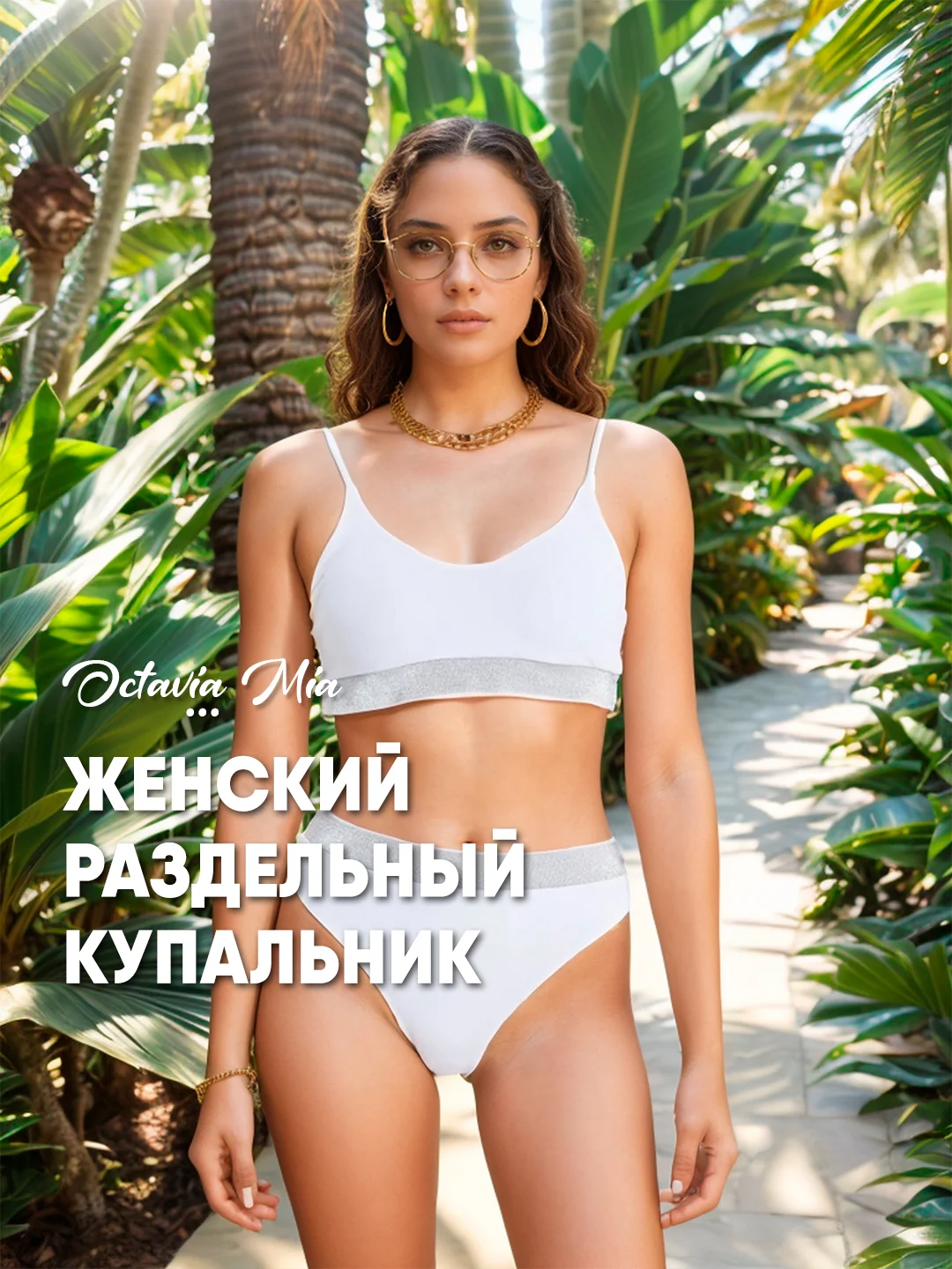 Белый женский раздельный купальник: топ на тонких бретелях, трусы-плавки с завышенной талией