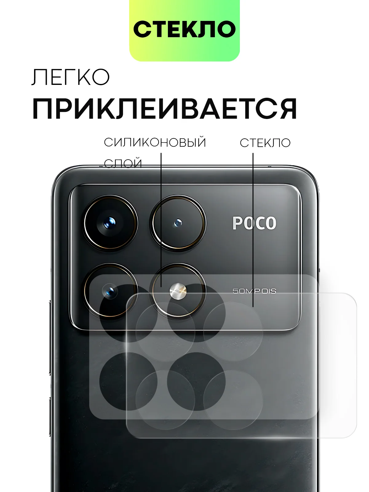 Прозрачный стекло на камеру для POCO F6 Pro/ Xiaomi Redmi K70/ K70 Pro защитное BROSCORP закаленное