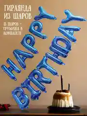 Синий гирлянда-растяжка из воздушных шаров "С днем рождения" / "Happy Birthday", на праздник