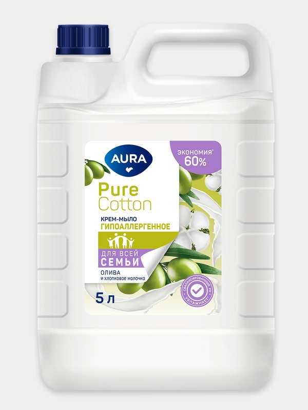 Жидкое крем мыло 2в1 для рук и тела ОЛИВА И ХЛОПКОВОЕ МОЛОЧКО 5 литров AURA Pure Cotton