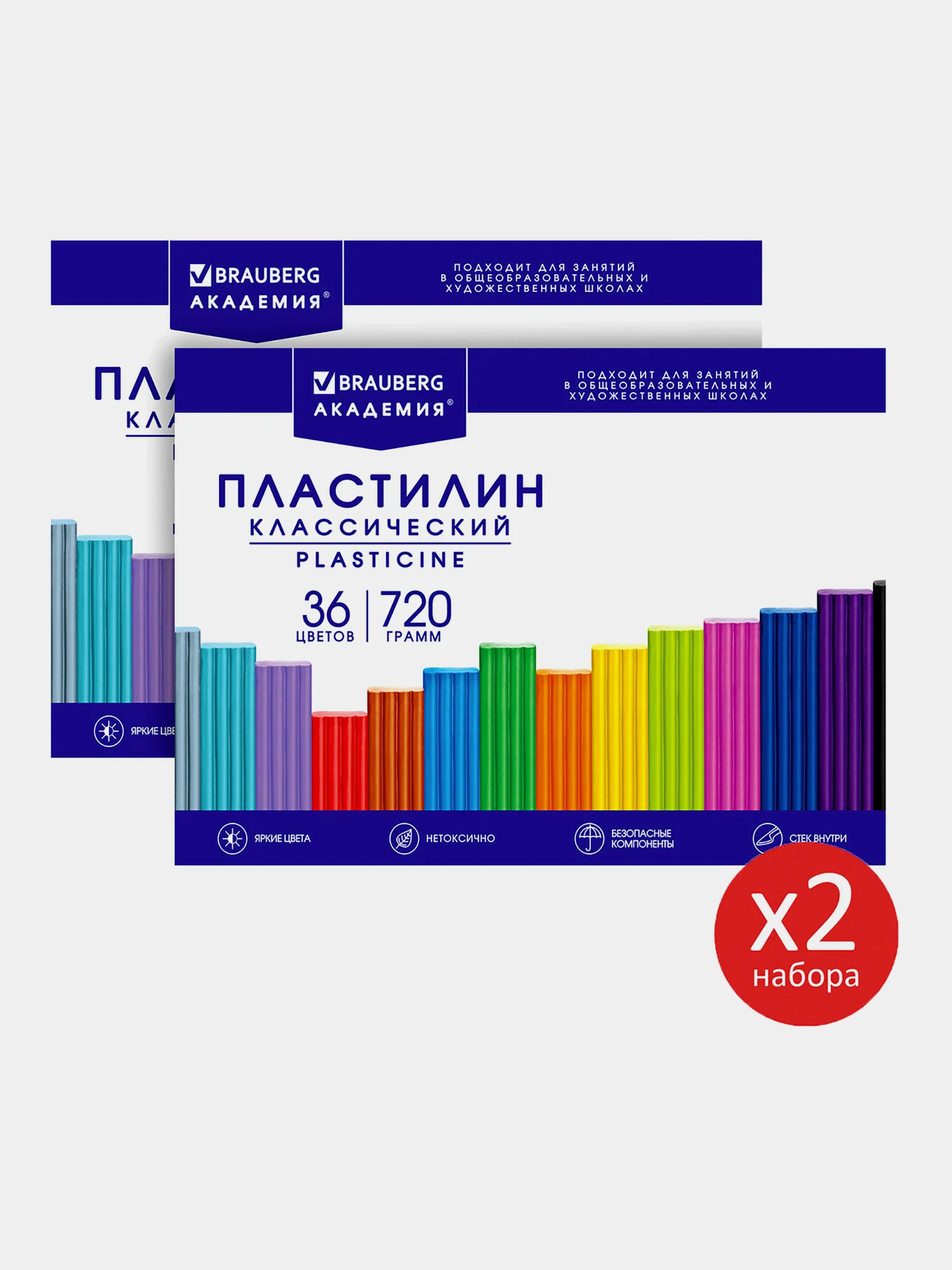 Пластилин набор 2 штуки по 36 цветов большой, классический, 1440 грамм, 2 стека, Brauberg