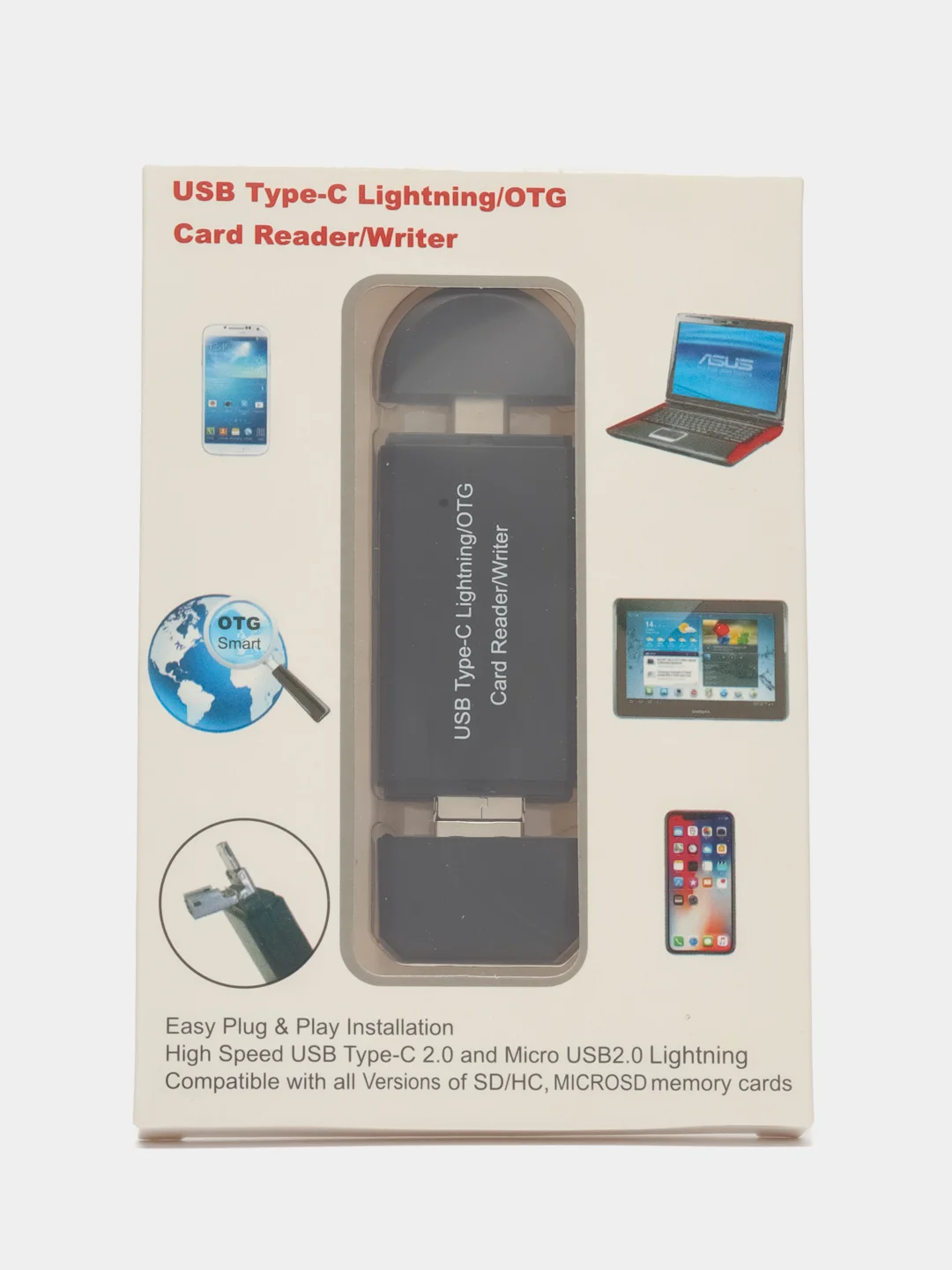 Белый картридер Type c, lightning, usb,microusb, картридер sd, microsd, универсальный картридер