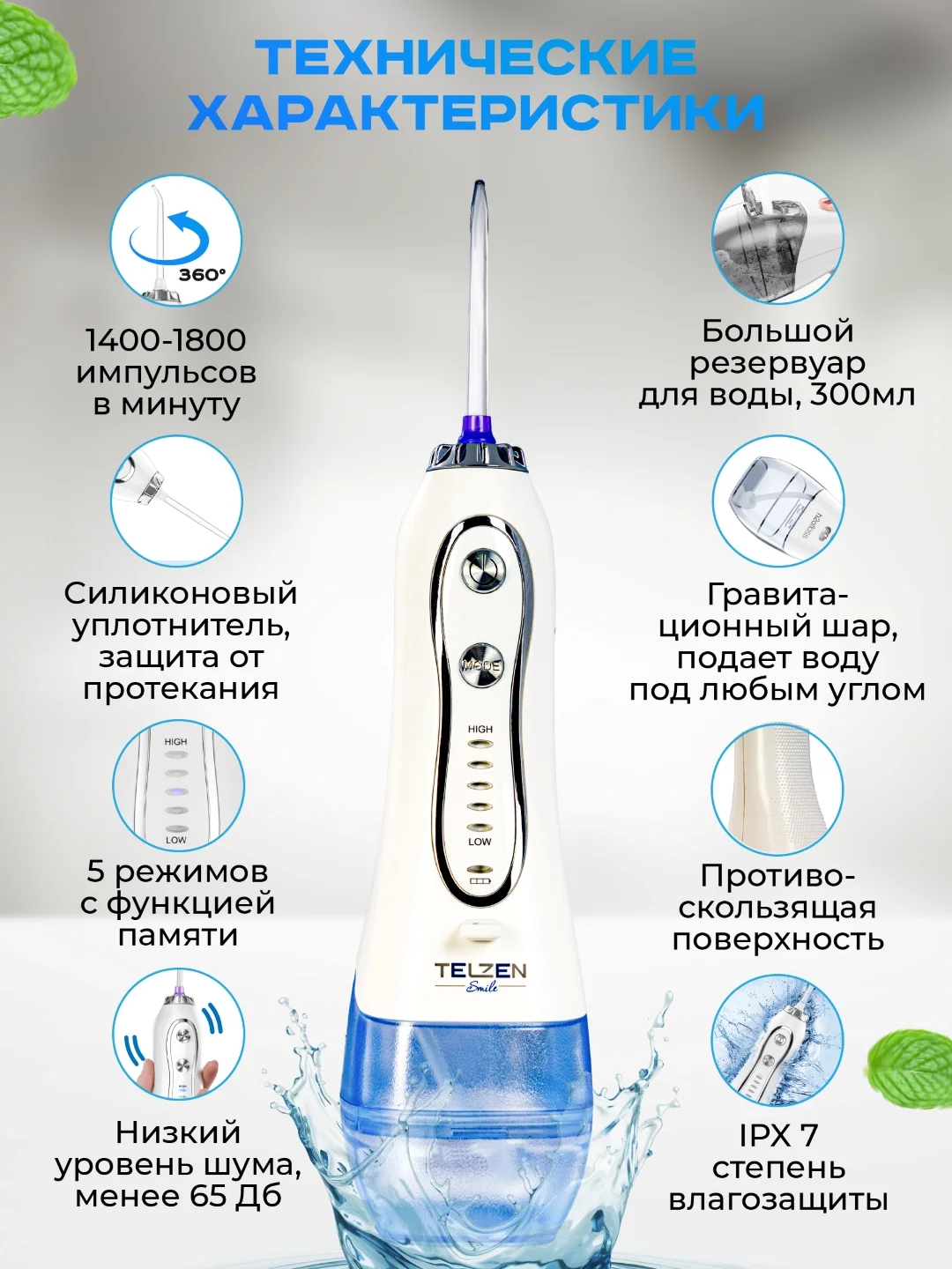 Ирригатор портативный беспроводной для зубов белый