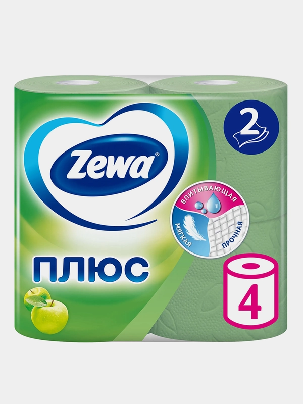 Туалетная бумага Zewa Плюс, яблоко, 2 слоя, 4 рулона