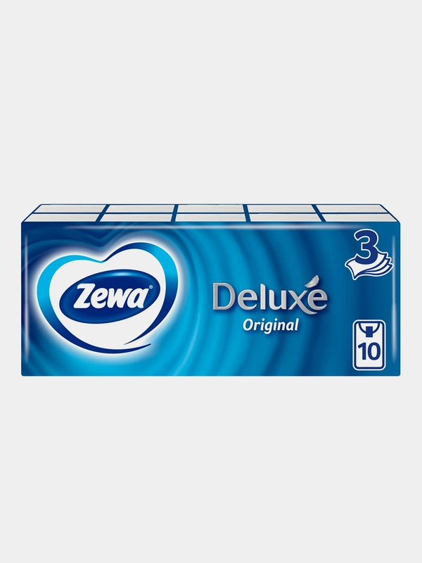 Платочки бумажные Zewa Deluxe,носовые, 3 слоя, 10 упаковок по 10 штук