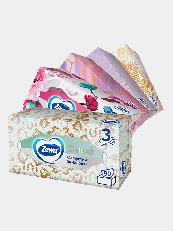 Салфетки Бумажные в коробке Zewa Deluxe Design, 3 слоя, 90 шт.