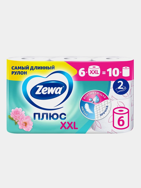 Туалетная бумага Zewa Плюс XXL Цветы, 2 слоя, 6 рулонов