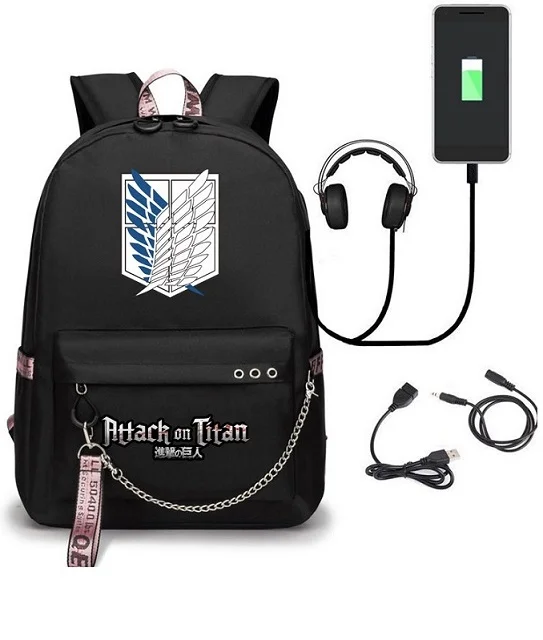 Рюкзак для школьника, студента Атака титанов (Attack on Titan) черный с USB-портом